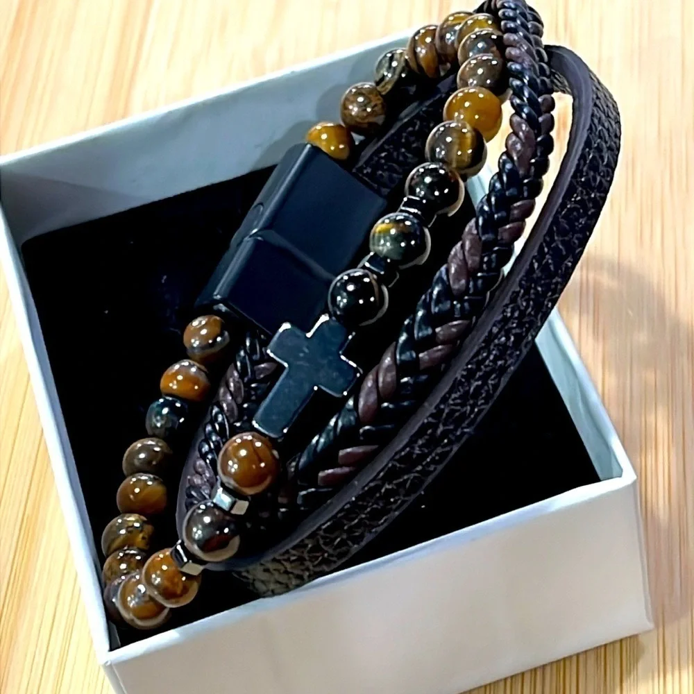 Brand New Men's Beaded Braided Leather Metal Cross Bracelet Magnetic Clasp
